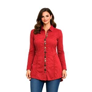 Patchington Women's L Red Cottagecore Blouse Jacket Eclectic Artisan Buttons EUC